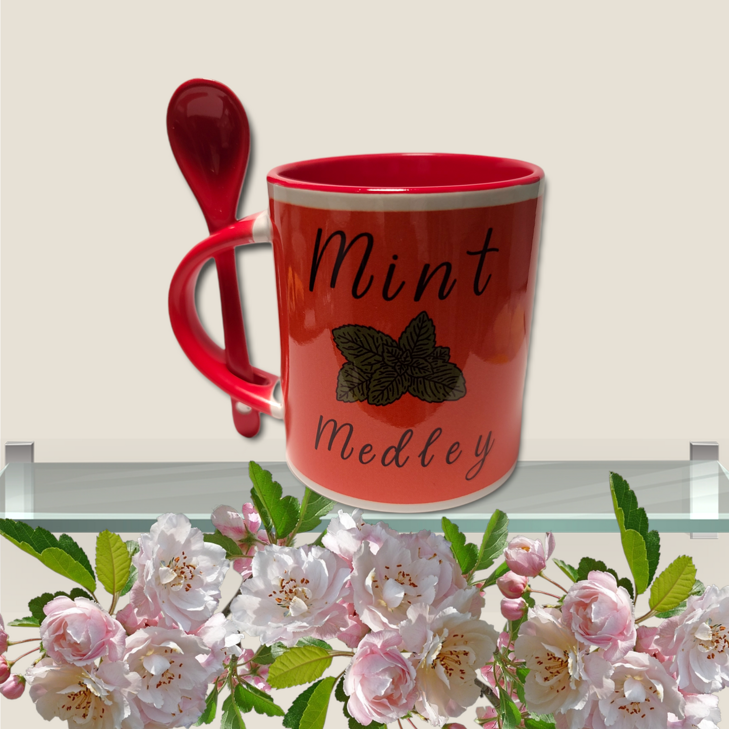 Color Coffee mug with matching attached spoon, Personalized tea cup Customized teacup for a gift. Hot beverage holder with name, mint medley