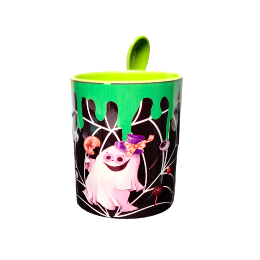 Halloween mug with spoon, Tea cup with spoon, Coffee mug, Spooky gift for kid, Halloween Treat, Specialty cup, drinkware, Boo mug, green cup