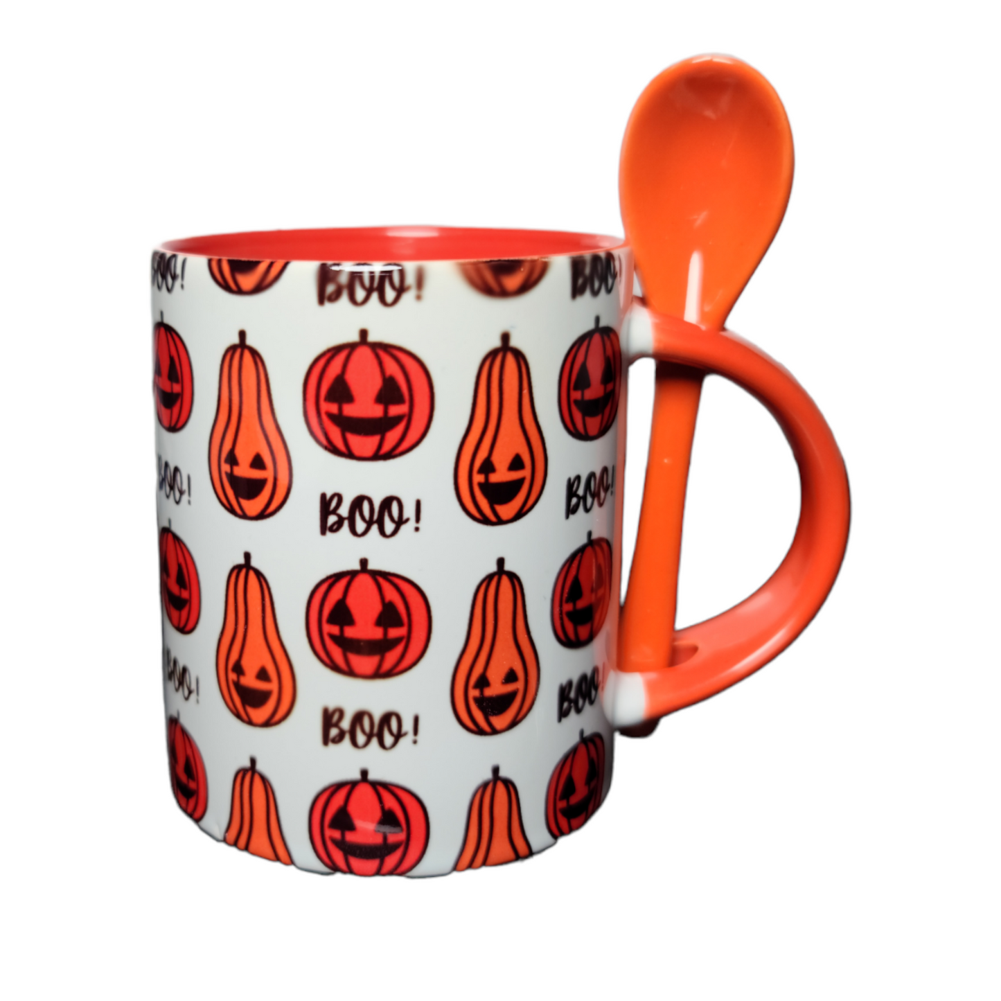Halloween mug with spoon, Tea cup, pumpkin, Coffee mug, Spooky gift for kid, Halloween Treat, Specialty cup, drinkware, Boo mug, orange cup