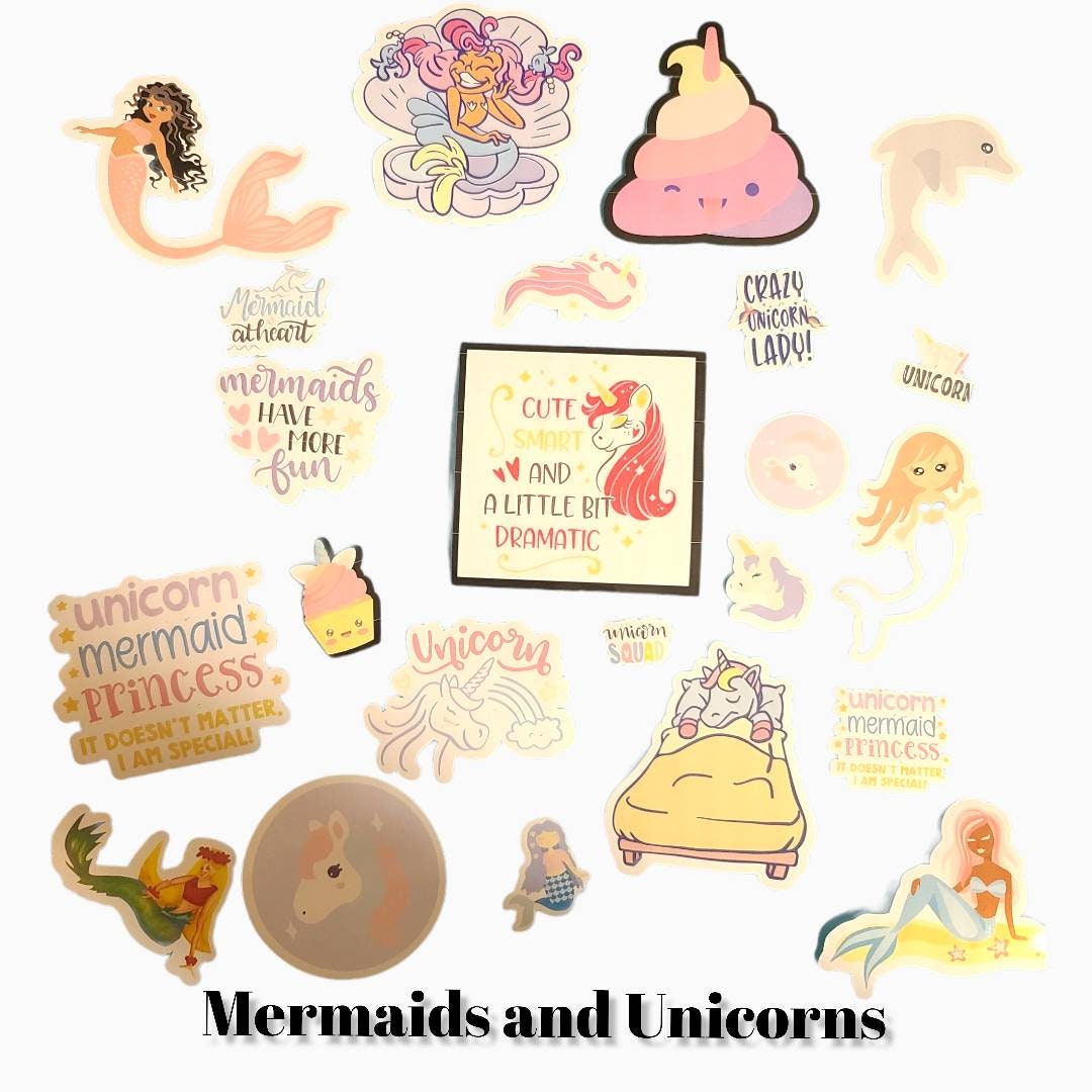 Unicorn and Mermaid stickers for a girl. Fantasy sticker packs. Can be used for a laptop and water Bottle, notebook, journal. Holograph.