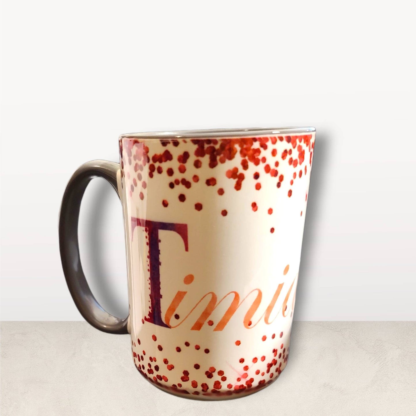 Customized coffee mug personalized with a name. Beveled ceramic mug with glitter design. Personalized coffee cup for a gift. drinkware